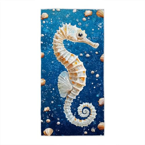 Strandtuch Blau Mikrofaser Handtuch, Microfaser Handtücher Strandtuch XXL Seepferdchen, Badetuch groß 75x150, Stranddecke Sandfrei Strandhandtuch Leichtes Schnelltrocknend für Strand Schwimmen Z-34