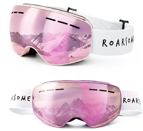 Roarsome Kids Ski Goggles – Anti-Fog Snowboard Goggles with UV Protection, OTG Design, and Adjustable Strap for Boys and Girls - Pink