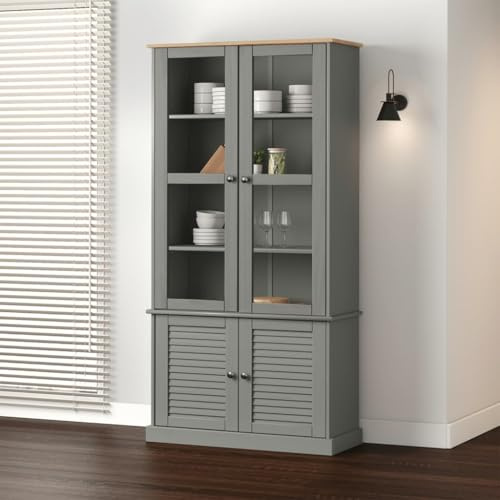 KTHLBRH Massivholz Vitrine mit Glas Kiefer rustikal Einlegeböden Aufbewahrung Schrank Sammlung Deko Tassen Geschirr Präsentation Metallknöpfe