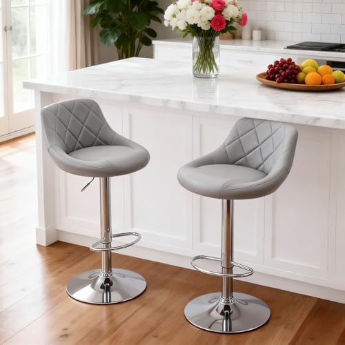 Relbiety Barhocker Grau 2er Set Kunstleder Modern Barstuhl Barhocker Höhenverstellbar,Küchenhocker drehbar mit Lehne für Bar,Küche,Bistro