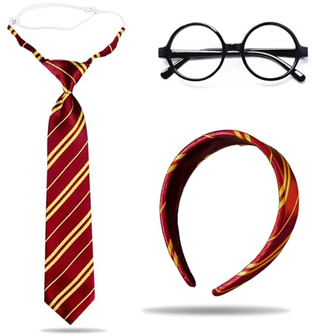 FOSDICK 3 Pcs Krawatte Stirnband Rot-Gelbe Gestreifte Schwarz Runder Brille ohne Gläser, Klassiker Zauberer Cosplay Tie Headband Brillen Accessoires Set, Magische Wizard Kostüm für Jungen Mädchen