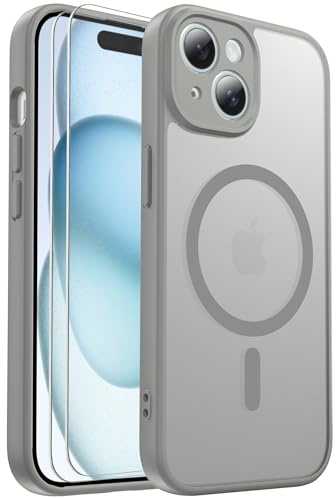Ezanmull for iPhone 15 Case Magnetic Shockproof, Full Camera Protection, Fit for MagSafe, with Screen Protector X2, Translucent Anti-Fingerprint Case for iPhone 15 (Gray)