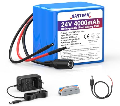 NASTIMA 4000mAh 88,8Wh 24V Wiederaufladbarer Lithium-Ionen-Akku, Geeignet für Bluetooth-Lautsprecher, RC-Cars, Solarstromanlagen, Heimwerkerprojekte usw. Inklusive Ladegerät und Steckverbinder