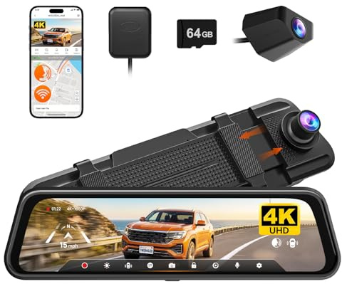 WOLFBOX M40 10'' Mirror Dash Cam, 4K+1080P Rear View Camera, Voice Control
