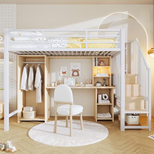 BTM Metall Hochbett mit Schreibtisch und Kleiderschrank Kinderbett 90x200 mit Stauraum, Kinderhochbett mit Treppe Weiß