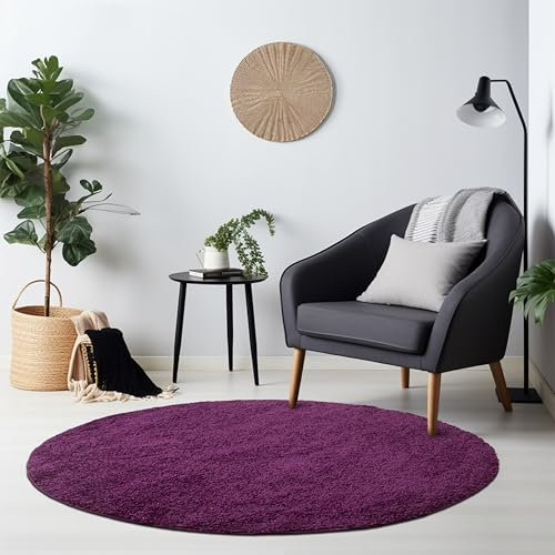 HomebyHome Teppich Rund Hochflor 120 cm Rund - Shaggy Runder Teppich Wohnzimmer Violett Extra Weich und Flauschig - Waschbarer Langflor Teppiche für Schlafzimmer, Küche, Flur - Carpet, Halı, Kilim