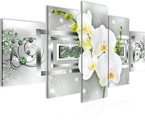 Runa Art Wandbilder Blumen Orchidee 5 Teilig Bild auf Vlies Leinwand Deko Wohnzimmer Abstrakt Grün Silber 210952b