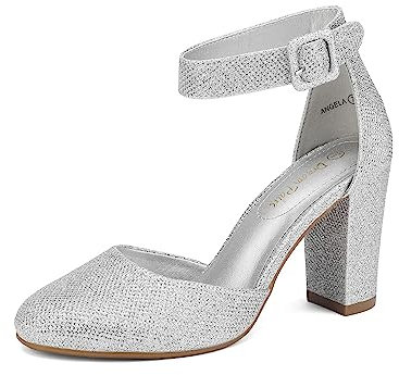 DREAM PAIRS Womens High Heels Closed Toe Court Shoes Block Ankle Strap Ladies Sandals for Wedding,Size 8,Silver/Glitter,Angela