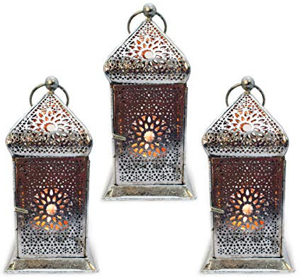 Laterne Metall Teelicht Orientalisch Zum Stellen und Hängen (Silber Set/3)