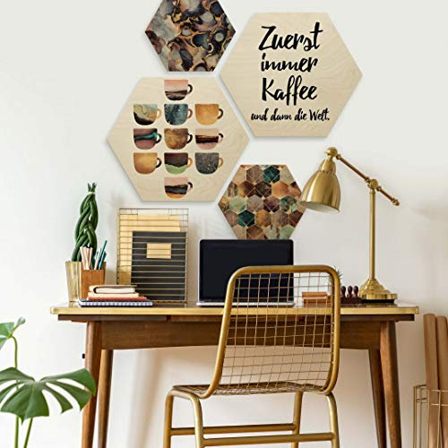 K&L Wall Art Hexagon Holzbild Collage Holz Wandbilder Küche Wanddeko Gold Rosa geometrische Deko mit Schriftzug