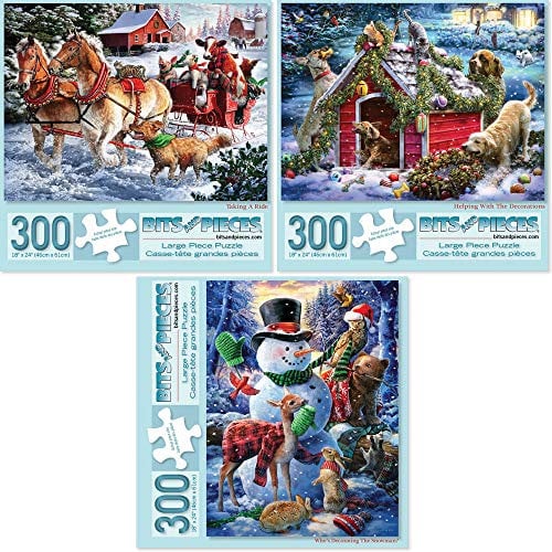Bits and Pieces - Value Set of Three (3) 300 Piece Jigsaw Puzzles for Adults - Each Puzzle Measures 46cm x 61cm- Winter Holiday Forest Animals Jigsaws by Artist Larry Jones