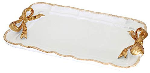 Vassoio decorativo vintage, vassoio porta asciugamani, vassoio per frutta, anelli, catenine, bracciali, orecchini, cosmetici, gioielli, design retrò, con fiocco e nodo, piastra in resina (bianco)