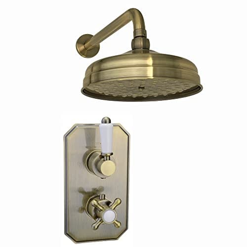 ENKI, Regent, SH0272 Traditional Crosshead and White Lever Concealed Thermostatic Shower Set Wall Fixed 8 Shower Head, Antique Brass (1 Outlet)
