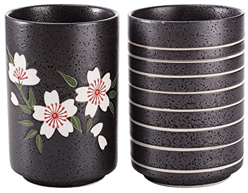 Hedume Set of 2 Japanese Tea Cups, 10oz Ceramic Teacup Mug, Japanese Cherry Blossoms and Line Design Ceramic Tea Cups Set for Green Tea, Matcha Tea, Bancha
