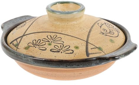 Hemoton Japanese Ceramic Donabe Pot, 7.99 Inch Brown Clay Casserole with Lid, Heat-Resistant Stew Pot for Soup, Rice, and Braised Dishes, Fish Grass Pattern for Home Cooking