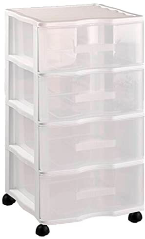 AC - Cajonera de Almacenamiento WGN - 4 Cajones - Torre de Almacenamiento Multiusos para Oficina, hogar, Escuela, etc - 67,5 x 37 x 39 cm - Color Blanco - Cajones Transparentes