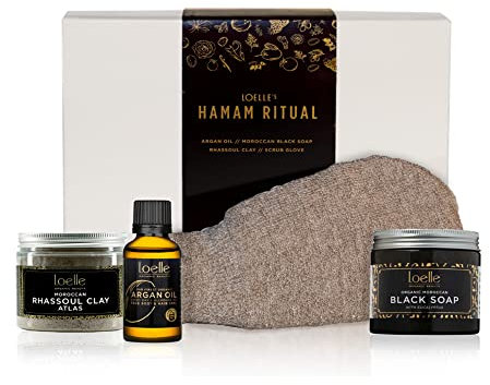 Loelle Hamam Ritual Geschenkbox - mit Arganöl 30 ml, marokkanischer schwarzer Seife 200 g, Rhassoul Ton 220 g & Leinen Peelinghandschuh, Geburtstagsgeschenk, Hautreinigung und klärendes Schönheitsset