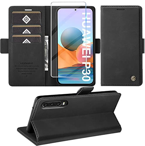 Handyhülle für Huawei P30 Hülle mit Schutzfolie, Standfunktion Kartenfach Wallet Premium Leder Schutzhülle P30 Flip Case Cover Stoßfeste Klapphülle P30 6.1 Zoll
