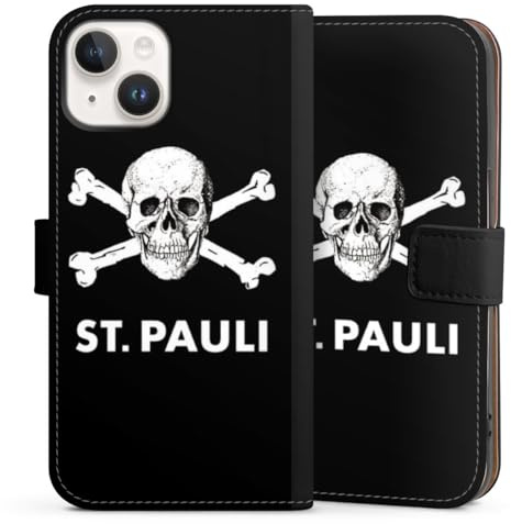 Klapphülle kompatibel mit Apple iPhone 14 Handyhülle aus Kunst Leder schwarz Flip Case FC St. Pauli Totenkopf Offizielles Lizenzprodukt