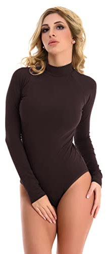 Magi Langarm Damen Body Bodysuit mit Halbkragen Basic Body mit langen Ärmeln (L, Braun)