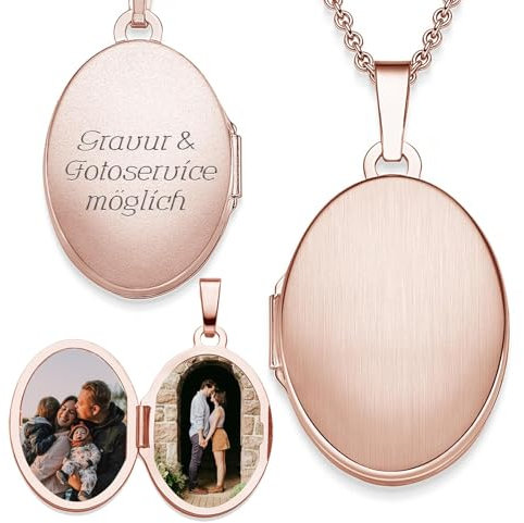 Medaillon oval zum Öffnen für Bilder Rosegold | Kette Damen Medallion mit Bild | Foto Amulett Anhänger antik vintage| Halskette Herzkette mit Gravur