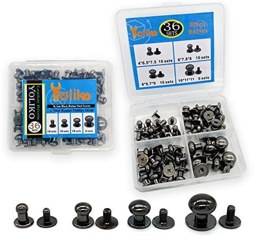 Yoliko 36 Pack 4 Sizes Gun Metal Round Phillips Head Button Stud Screws(Round Head Diameter:4mm,6mm,8mm,10mm) Chicago Screws Nail Rivet Leather Button Brass Rivets for DIY Leather Craft