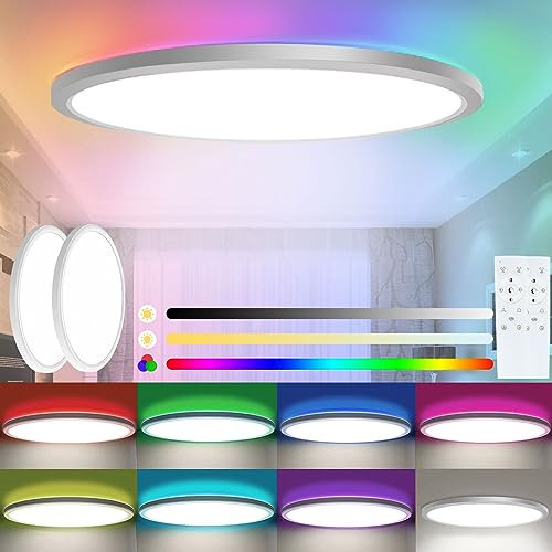 Sentasi 24W LED Deckenleuchte Dimmbar mit Fernbedienung,RGB-Hintergrundbeleuchtung 7 Farbwechsel,3200LM 3000K/4000K/6500K Ultra Dünn Wohnzimmer Deckenleuchte für Schlafzimmer/Wohnzimmer/Küche