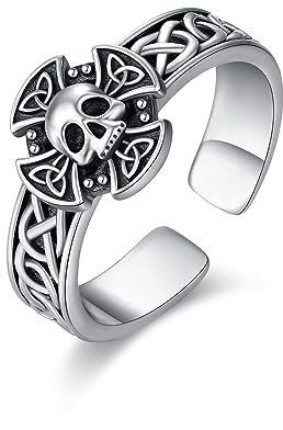 Totenkopf Ring 925 Sterling Silber Keltischer Kreuz Totenkopf Ringe Einstellbar Offener Gothic Ringe Keltische Totenkopf Schmuck Geschenke für Damen Herren Sohn Teenager Mädchen Geschenk