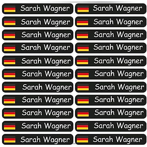 Namensaufkleber - Kinder - 46x7 mm 60 Stück - Fahne Deutschland - mit Wunschtext - Name - personalisiert - Namensetiketten - für Jugendliche - Firma - Universität - Schule - Kinder - KITA
