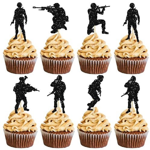 Gyufise 24Pcs Military Soldier Cupcake Toppers Glitter Military Theme Navy Army Special Forces Cupcake Picks for Army Veteran's Day Men Boys Birthday Party Cake Decorations Supplies Black