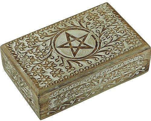 Craft&Style Deko Schatulle Kästchen Box Schachtel Kiste Dose aus Holz mit Deckel | Pentagramm Stern weiß | L x B x H: 13 x 20 x 6 cm