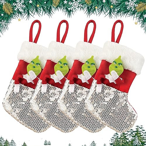 Weihnachtsstrumpfe 4er Set, 25cm Nikolausstiefel Geschenkbeutel Grinch Nikolausstrumpf Set Weihnachtsbaum Socken Weihnachtsbaum Kamin hängende Ornamente Geschenkhalter Weihnachtsdekorationen (Silber)