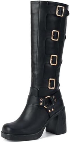 Seborluys Black Knee High Buckle Boots for Women Winter Warm Square Toe Platform Chunky Block High Heel Gogo Boots Pull On Fashion Gothic Riding Fashion Buckle Biker Motorcycle Boot,Size 7