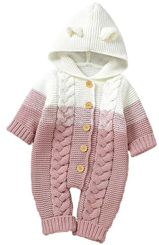 Yanmucy Salopette per Neonato Pagliaccetto Completi Lavorato a Maglia Neonato inverno One-Pieces Maglione Unisex Baby Breasted con cappuccio Tuta per 0~12 mesi (3~6 mesi, Rosa)