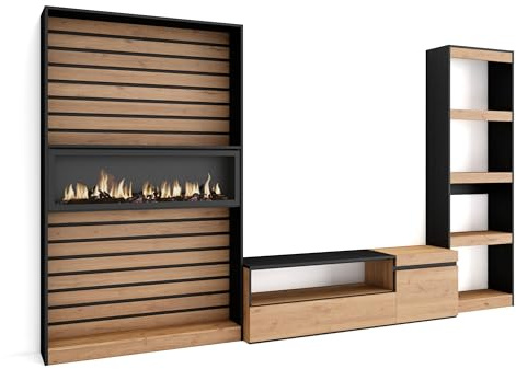 Skraut Home | Mobile Soggiorno TV | Parete Attrezzata Soggiorno | 320x186x35cm | Camino elettrico | Stile moderno | Rovere e nero