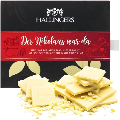Hallingers Genuss Manufaktur Weiße Schokolade Weihnachts-Geschenk - Tafel aus handgeschöpftem Edelkakao ohne Alkohol edler Karton Der Nikolaus wa... Mandarine-Zimt, Weihnachten für Frauen Männer