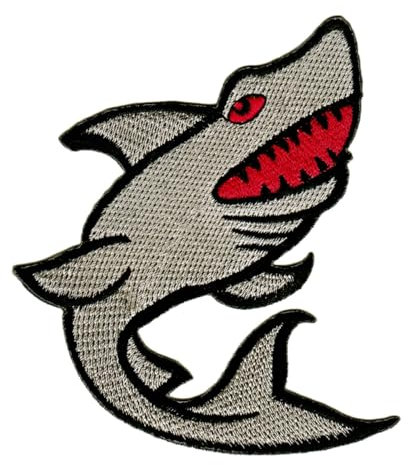 Hai Fisch Aufnäher zum aufbügeln oder aufnähen Bügelbild Aufbügler für Kleidung gestickter Bügelpatch Applikation Patch Größe 7,8 x 9,2 cm