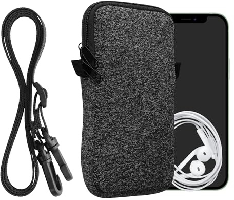 kwmobile Handytasche für Smartphones L - 6,5 - Neopren Handy Hülle Anthrazit Weiß mit Kordel - Handy Tasche mit Handykette 16,5 x 8,9 cm Innenmaße
