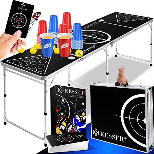 KESSER® Beer Pong - Juego de mesa con juego de cartas (incluye 100 vasos (50 rojos y 50 azules), 6 pelotas + reglas de juego de fiesta, altura ajustable, plegable