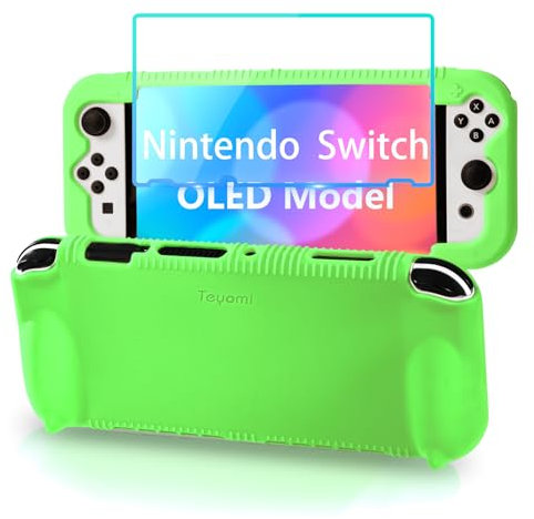 Teyomi Silicone Case Compatible with Nintendo Switch OLED Model 2021, Shockproof Protective Cover with Tempered Glass Screen Protector, Ergonomic Grip Case for Switch OLED, 2 Game Cards Slots(Green)