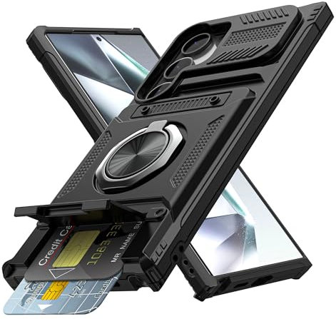 Coolden for Samsung S24 Ultra Case with Card Holder [Max 2 Cards] Ring Kickstand Shockproof Military Grade Heavy Duty Protective Phone Case Wallet Case Cover for Samsung Galaxy S24 Ultra - Black