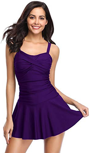SHEKINI Costumi da Bagno Donna Un Pezzo Ruched Sport Skirted Swimwear Regolabile Vintage Costume Intero Donna Mare Gonna da Spiaggia(3XL,Viola Scuro)