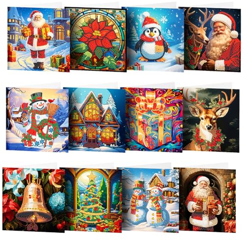 Starnearby DIY Diamond Painting Weihnachten 12 Stücke Weihnachten Karten Diamant Painting Geschenkkarte Handgefertigte Grußkarten Weihnachtskarte Strass Handwerk Grußkarte (Weihnachten C)