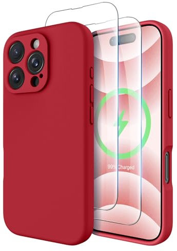 OTOFLY Compatible with iPhone 16 Pro Case with 2 Pack Screen Protectors, Compatible with MagSafe, Shockproof Military-Grade Protection, Magnetic Silicone 16 Pro Phone Case, Red