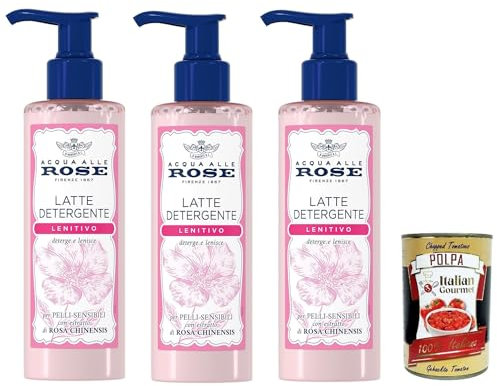 Acqua alle Rose, Latte Detergente Lenitivo, Mit rosa chinensis -Extrakt, ideal für trockene oder empfindliche Haut, reinigt und befeuchtet die Haut vorsichtig, 3x 200 ml + Italian Gourmet polpa 400g