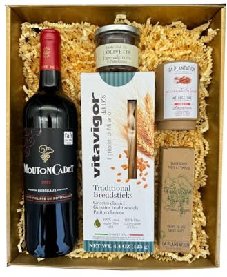 Coffret Or : Mouton cadet Rouge - La Plantation : Mélange Fleurs de sels et épices fumées & Sauce poivre Kampot - Gressin - Tapenade