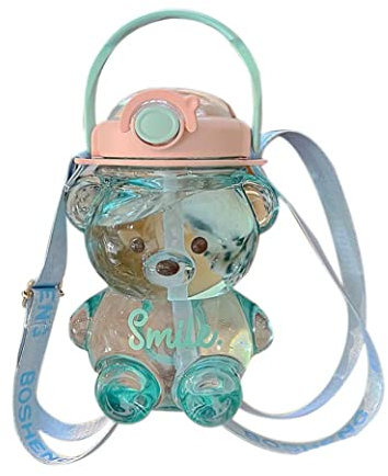 Liummrcy Bear Water Bottle, 1000ml Portable Bear Shaped Water Bottle With Straw And Strap Cute Water Bottles For Teens Girls School Sports Creative Milk Tea Juice Drinking Bottle (Blue)