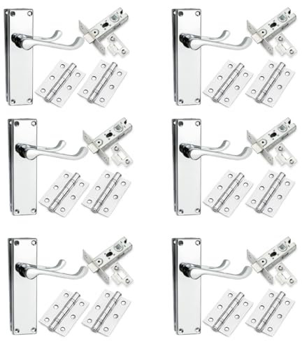 Bwintech 6-Set Victorian Door Handle Set in Polished Chrome, Complete with Pull Handle, 65 mm Steel Latch Bolt and 75 mm Ball Bearing Hinge, for Interior Wooden Doors