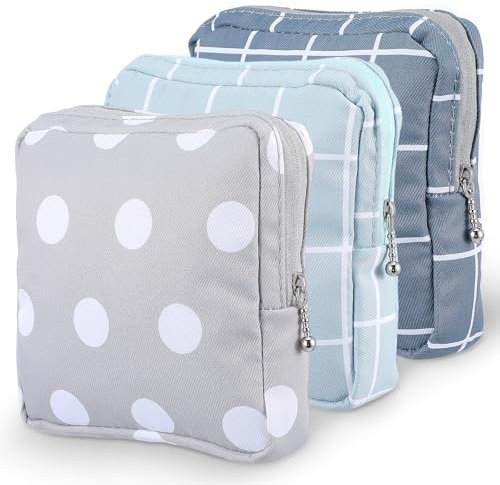 YUXIANLB Period Bag Period Pouch Sanitary Napkin Storage Bag First Period Gifts Dots Plaid Pattern Reusable and Washable Waterproof Pads Bags for Travel Daily Use Women 3 Pcs Blue Gray