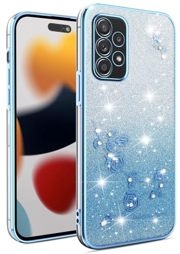 ILING Damen Hülle für Samsung Galaxy A52s 5G / Samsung Galaxy A52, Glitzernd Bunt Schutzhülle mit Elegant Rosenmustern und Funkeln Strass, Ultradünne Weich Silikon TPU Stoßfeste Handyhülle (Blau)